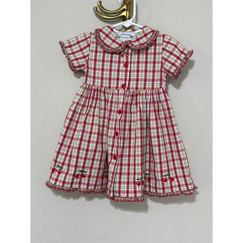 Jacadi Plaid Cherry Dress Toddler Girl 2 Red Vintage Embroidered Cotton France